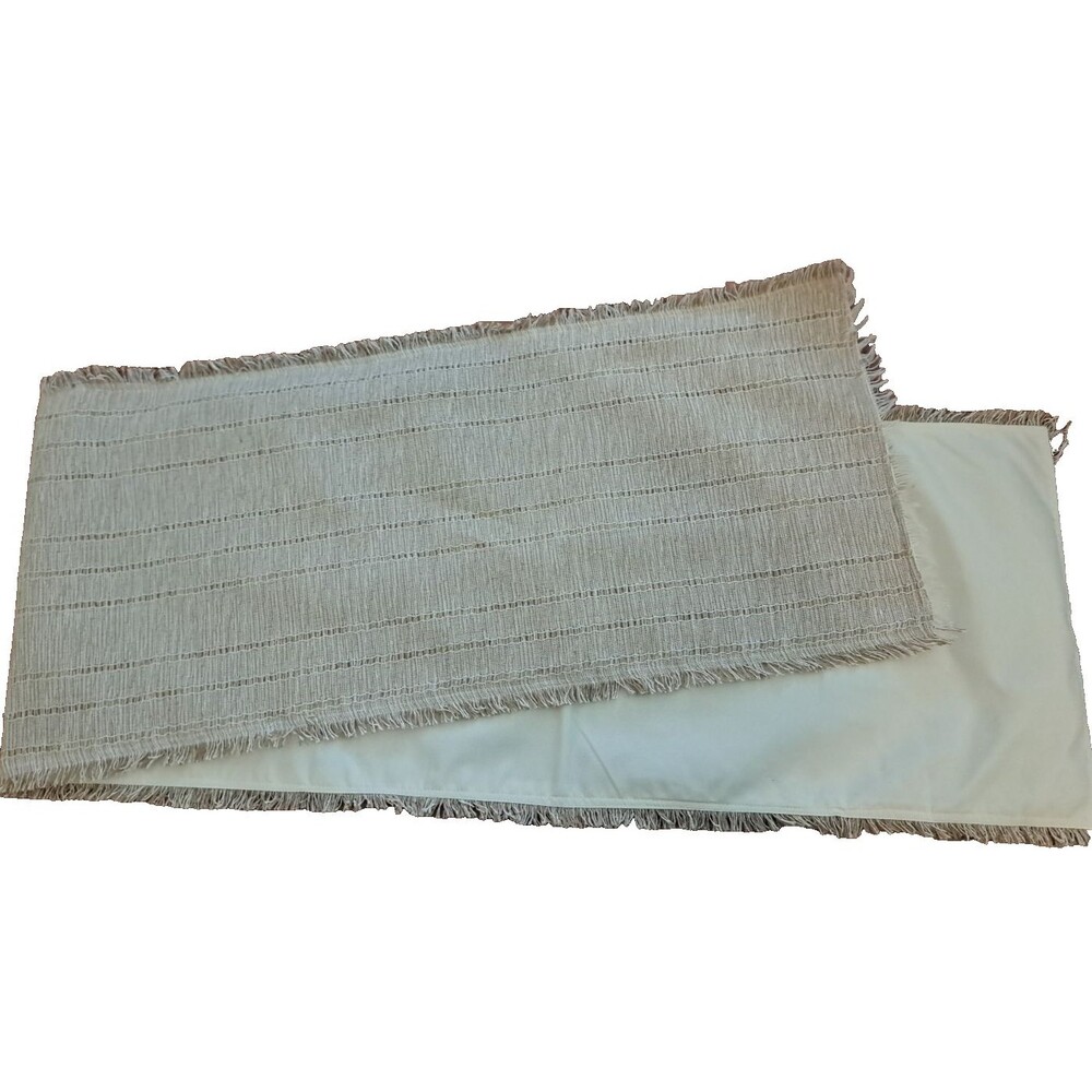 Woven Beige Table Runner W Fringe Cottage Contemporary Retro Striped 70x15